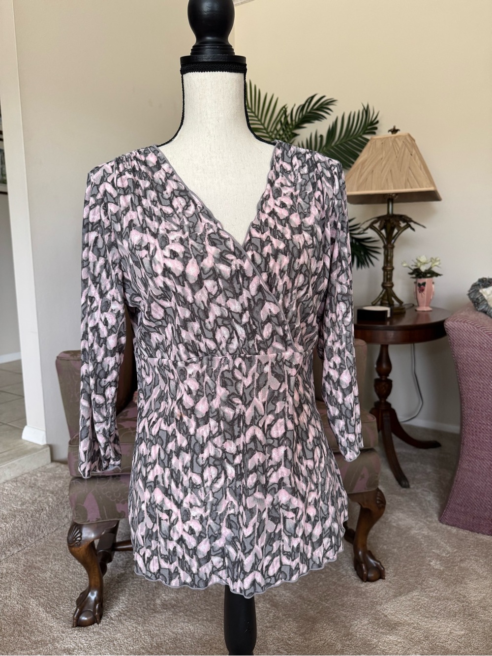 J. Jill Pink and Gray Floral-Print Faux Wrap Blouse